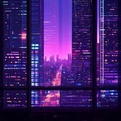 Cyberpunk Cityscape at Night Viewed from a Window