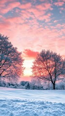 Winter sunset illuminating frosty trees and snowy landscape