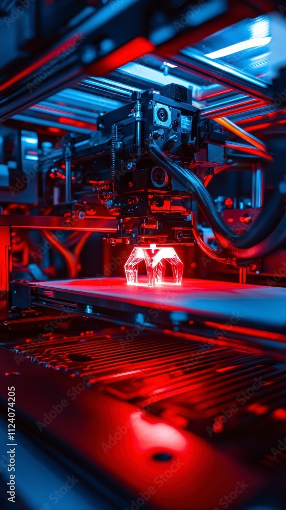 Poster futuristic 3d printer creating a glowing red object