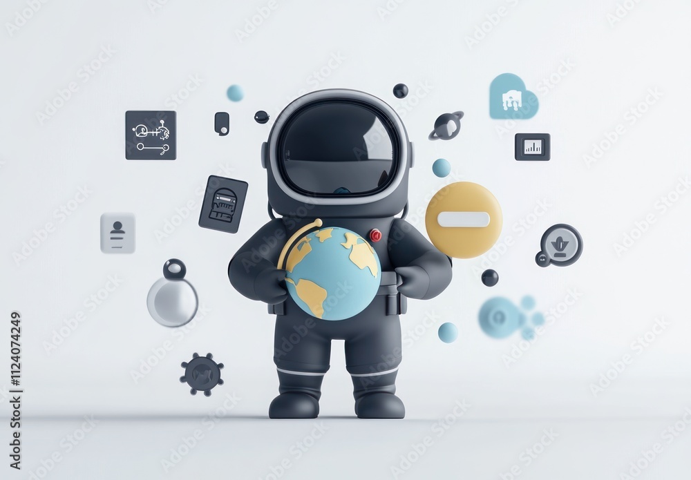 Poster an astronaut holding a globe surrounded by various icons representing technology and communication.