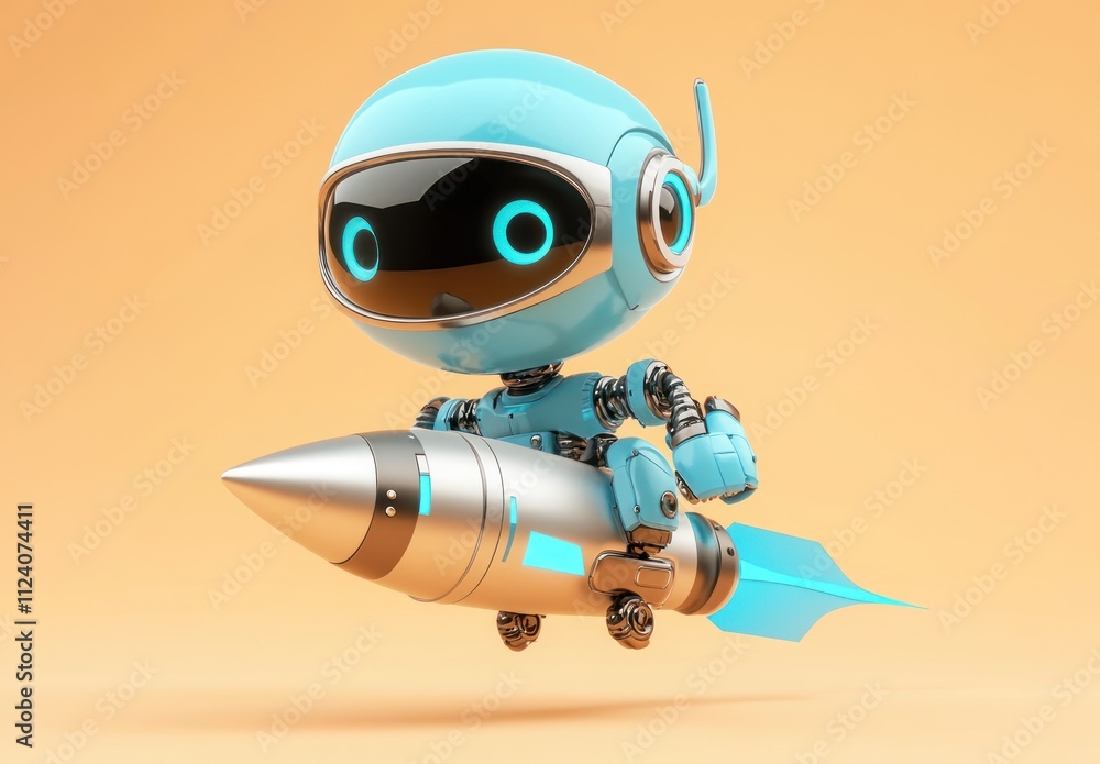 Poster a cute robot character flying with a rocket, showcasing a playful design and futuristic theme.