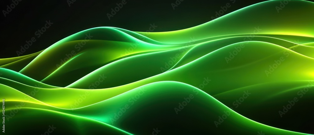 Poster Abstract green waves with glowing light effects create a dynamic and soothing visual.