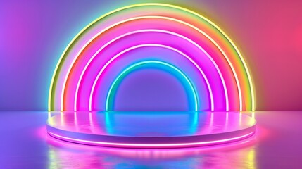 Obraz premium Vibrant Neon Rainbow Archway with Illuminated Circular Platform: A Dreamy, Colorful 3D Render