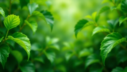Obraz premium Green Leaves Blurred Background: A tranquil and serene image of lush green leaves with a soft, blurred background, offering a peaceful and natural backdrop. 