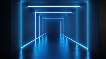 Obraz premium 3d abstract dark empty futuristic scene with vibrant blue neon lighting reflections on a black background