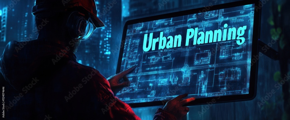 Poster A figure interacts with a digital display showcasing urban planning concepts in a futuristic setting.