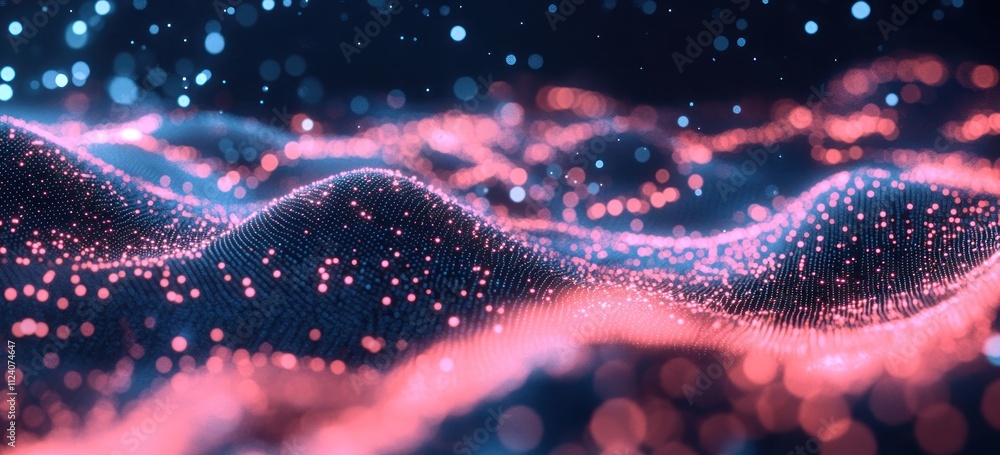 Aufkleber Abstract visualization of flowing waves with glowing particles in vibrant colors.