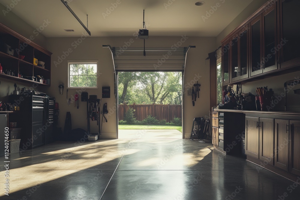 Aufkleber a spacious garage with tools and a view of a backyard through an open door.