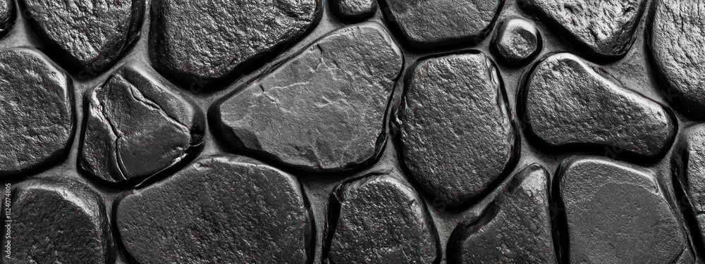 Poster a close-up of textured black stones arranged in a seamless pattern.