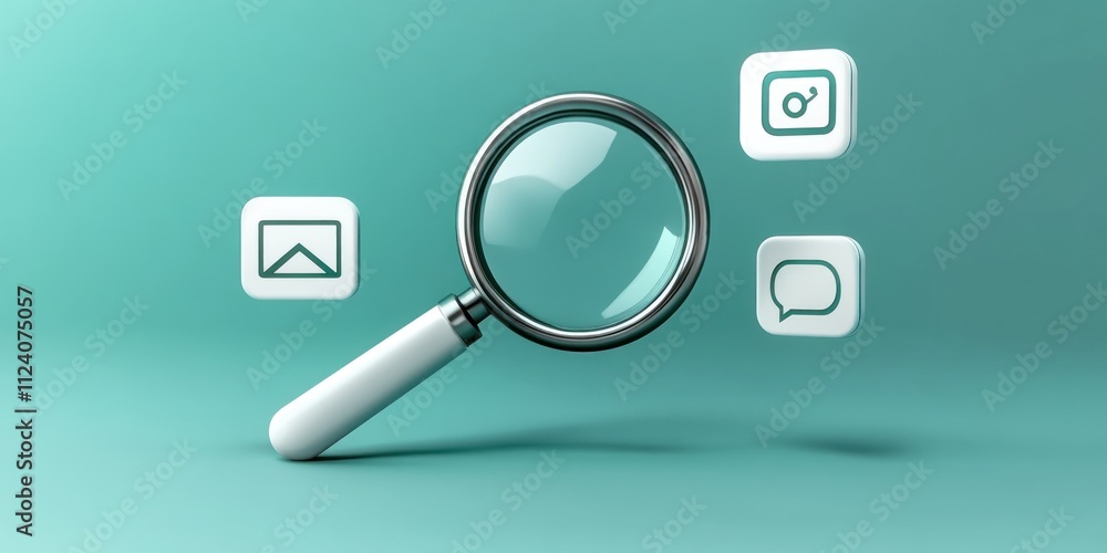Poster a magnifying glass surrounded by icons representing search and communication.