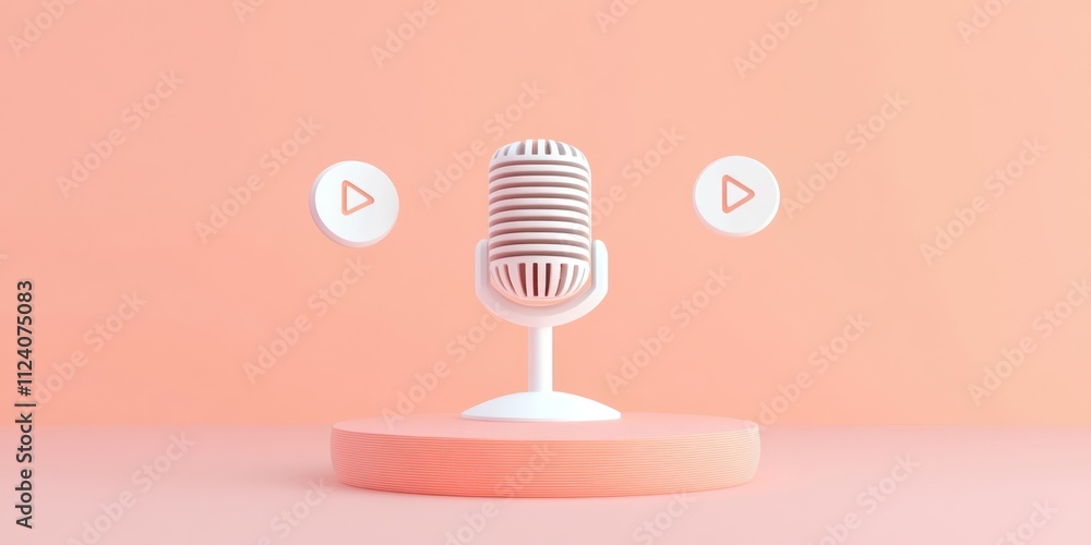 Aufkleber a stylized microphone with play buttons on a pastel background, suggesting audio content creation.