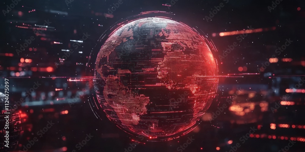 Aufkleber A digital representation of a red-tinted globe with data streams, suggesting technology and connectivity.