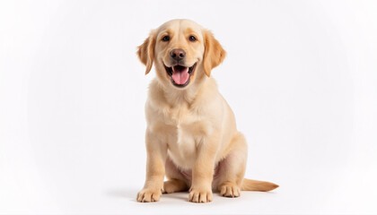 Fototapeta premium Joyful Golden Retriever Puppy Smiling Cheerfully Isolated On White Background