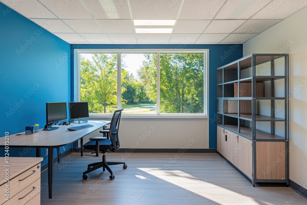 Aufkleber modern office space with two computers, a desk, and a view of greenery outside.