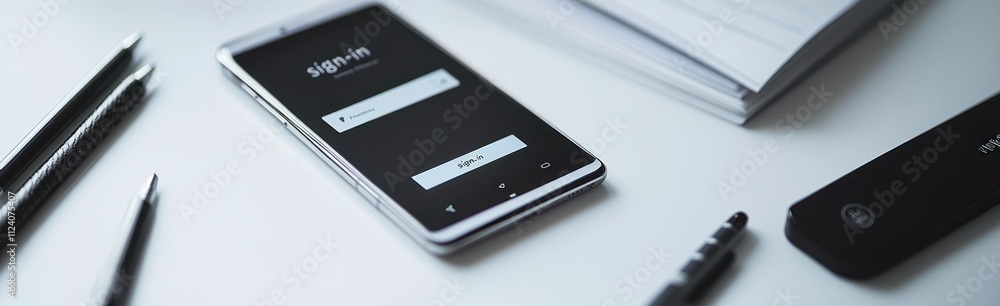 Poster A smartphone displaying a login screen on a desk with pens and a notebook.
