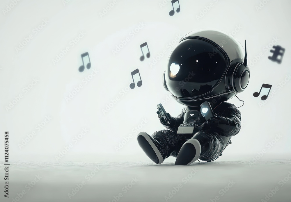 Poster a cute astronaut figure enjoying music with floating notes around it.