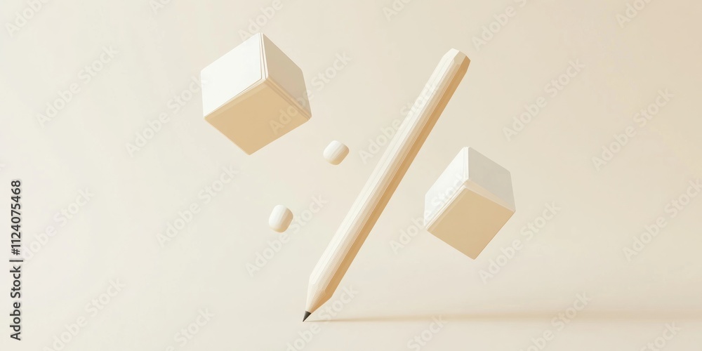 Poster a minimalistic composition featuring a pencil and geometric shapes representing percentages.
