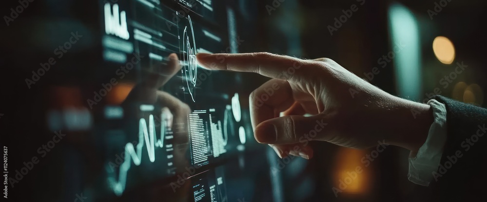 Poster A hand interacting with a digital display showcasing data visualizations.
