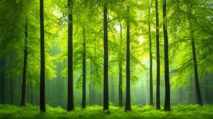 Obraz premium Lush green forest with sunlight filtering through the trees.