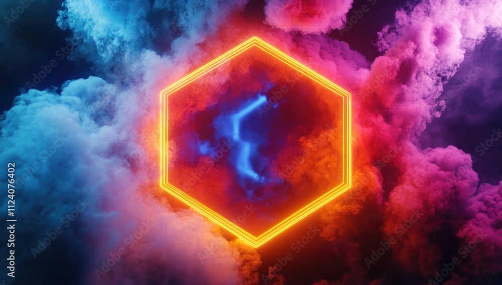 Poster a vibrant hexagonal frame surrounded by colorful smoke and light.