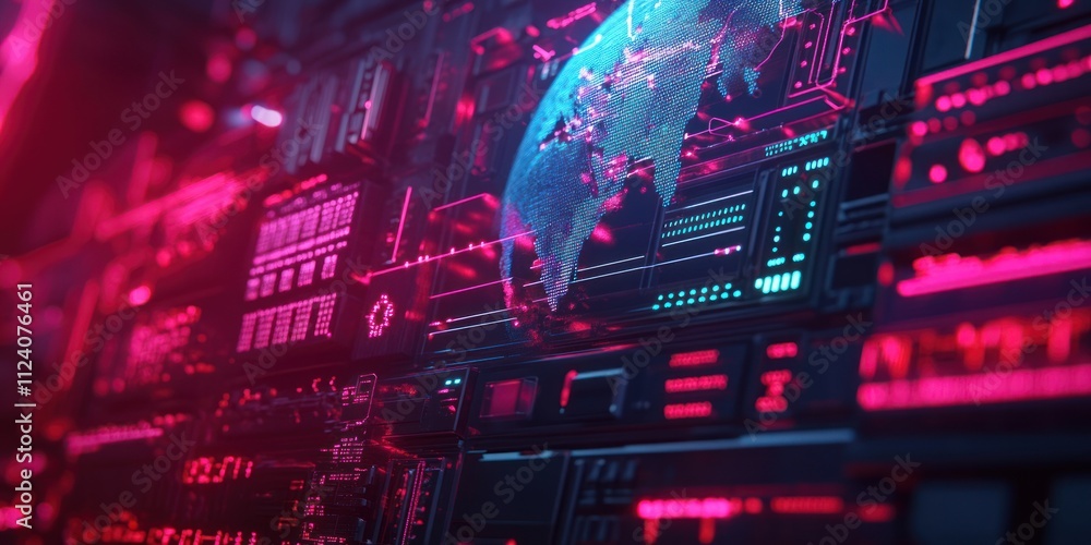 Aufkleber a futuristic digital interface displaying a global map with vibrant neon accents.