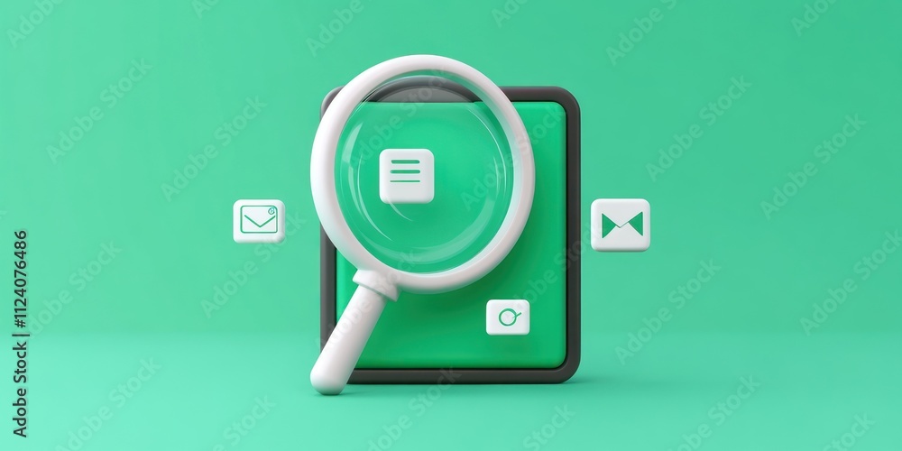 Poster a magnifying glass over a green square with icons representing communication and information.