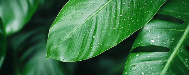 Fototapeta premium Lush green leaves with water droplets glistening.