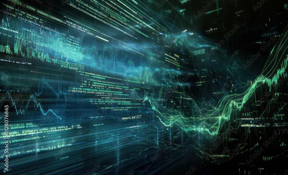 Aufkleber Abstract digital data visualization with flowing lines and numbers.