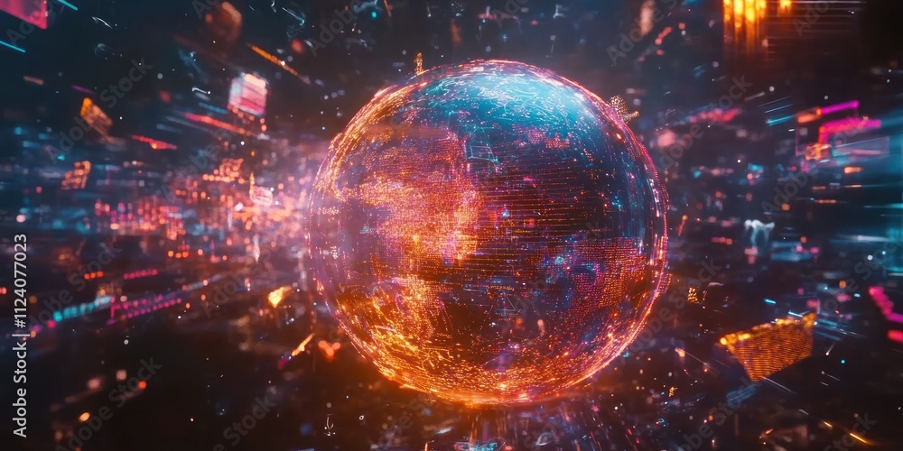 Poster A vibrant, digital representation of a planet surrounded by data streams and neon lights.