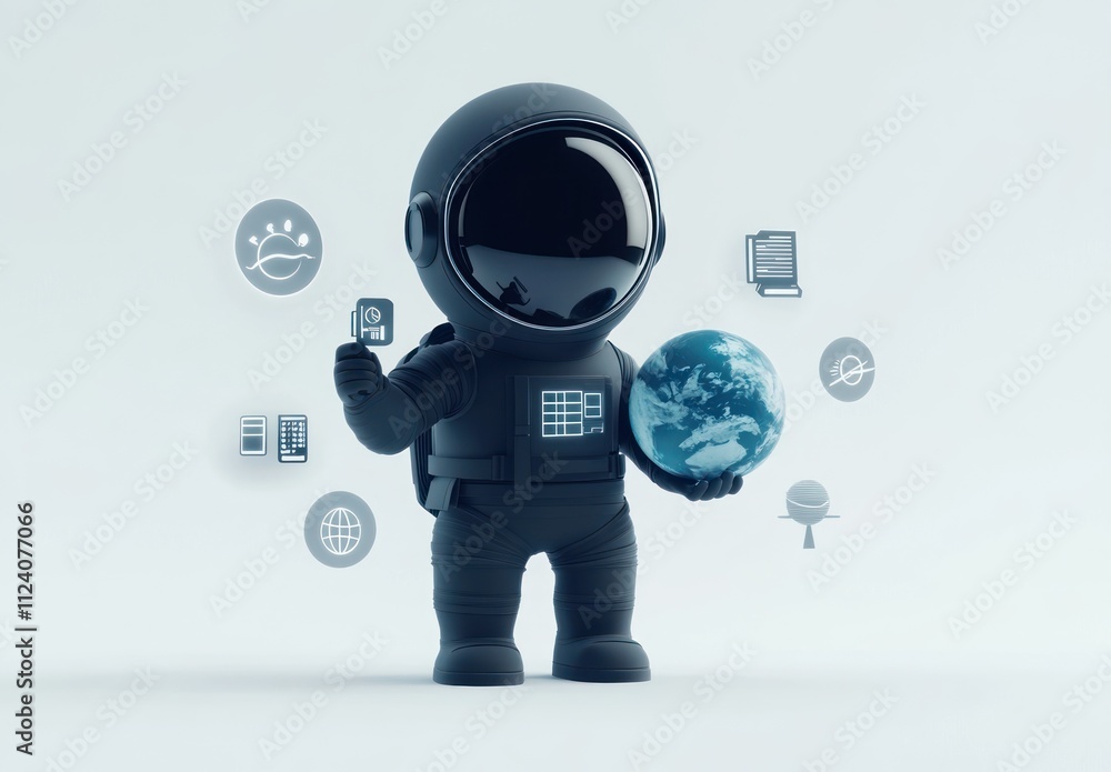 Poster a cartoonish astronaut holding a globe, surrounded by digital icons representing technology and data