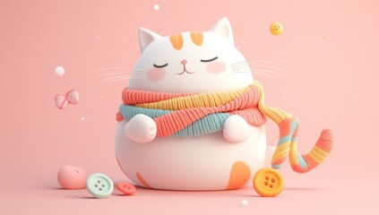 A cute cat character wrapped in a colorful scarf, surrounded by buttons and playful elements.