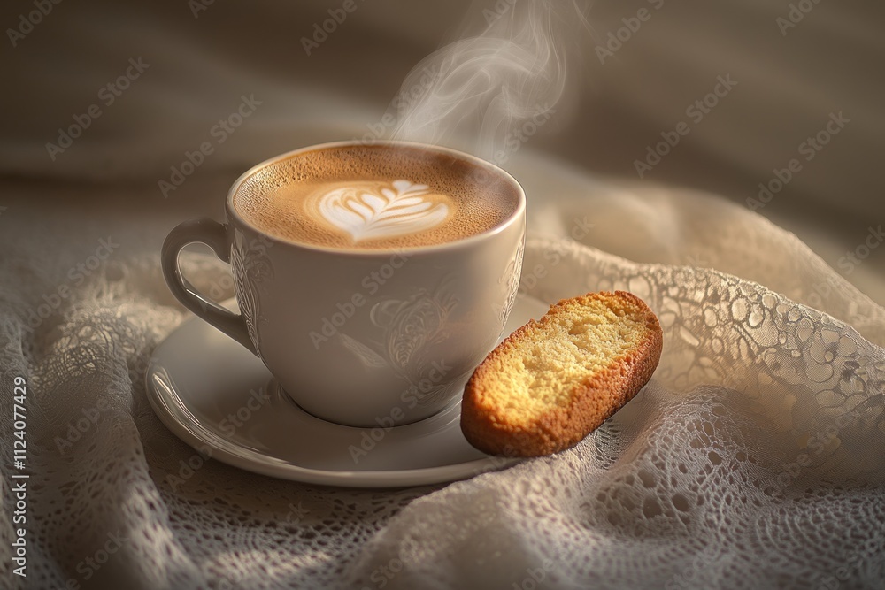 Poster a steaming cup of coffee with latte art beside a biscuit on a textured fabric background.