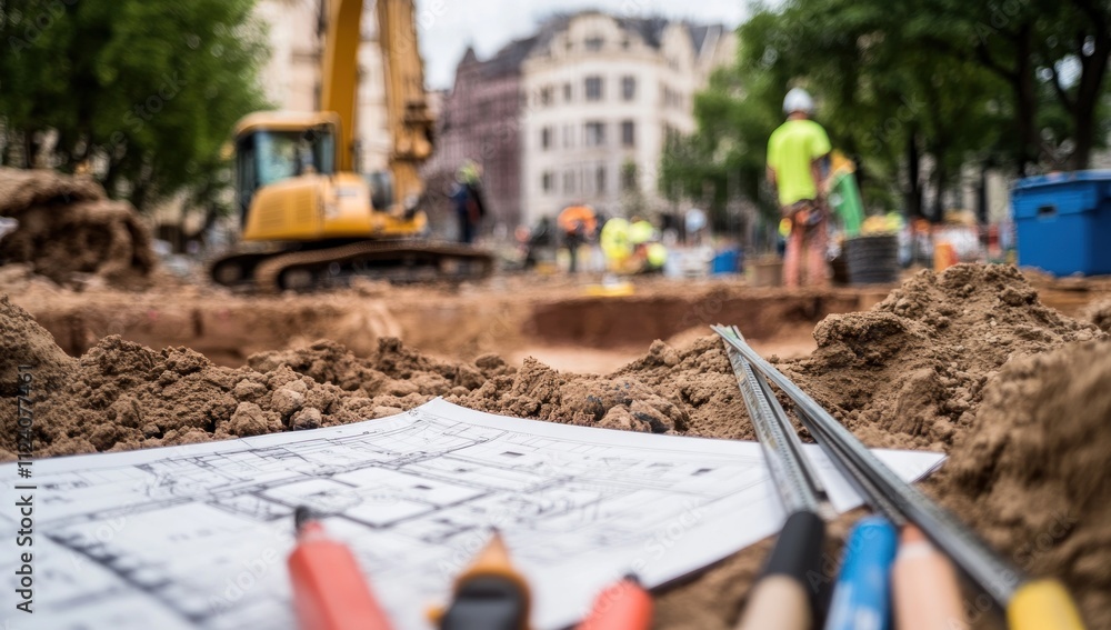 Poster construction site with blueprints and machinery, indicating ongoing building work.