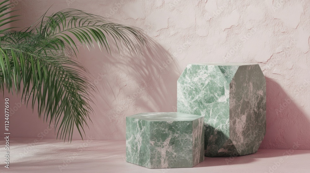 Poster two geometric marble tables against a pink wall with a palm leaf, creating a stylish decor.
