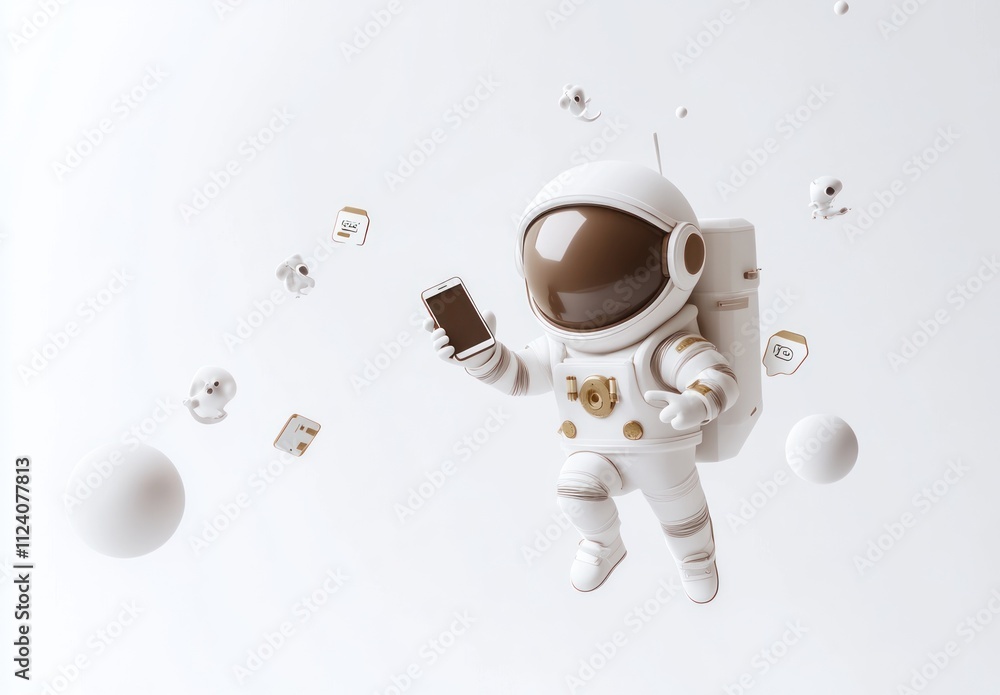 Poster An astronaut floating in space, using a smartphone amidst floating objects.