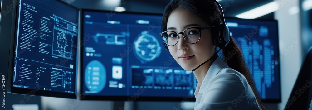 Aufkleber a woman in a headset monitors data on multiple screens in a tech environment.