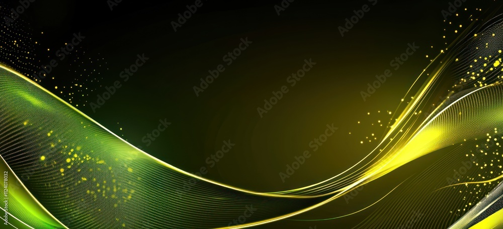 Poster abstract design featuring flowing green and yellow waves on a dark background.