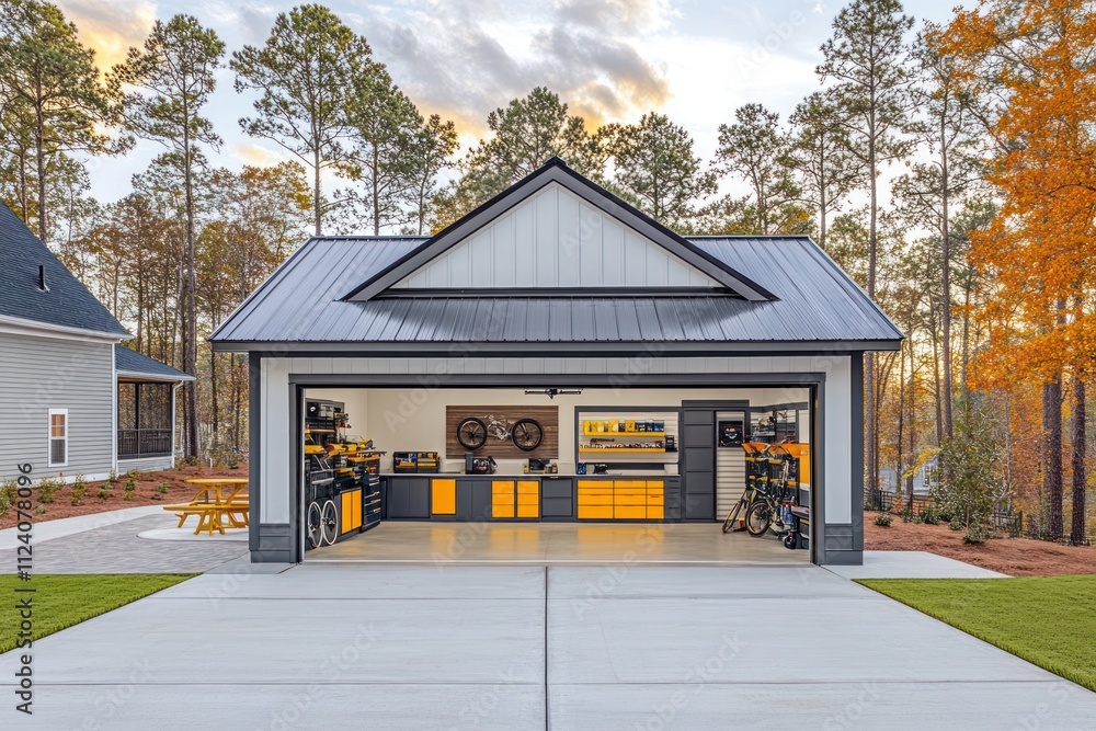 Poster a modern garage with organized tools and bikes, showcasing a functional workspace.
