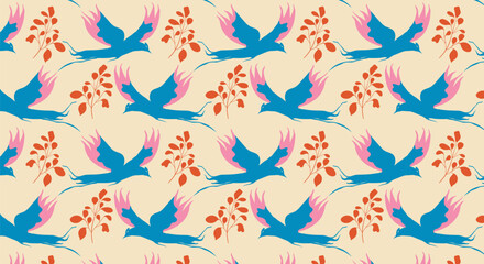 Elegant swallows bird and flower pattern. Oriental style background for wallpapers, textiles and fashion.