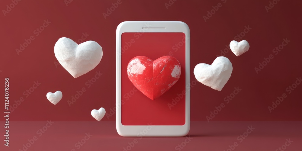 Poster A smartphone displaying a heart with floating hearts, symbolizing love and connection.