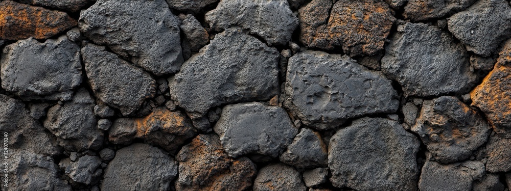 Poster a textured surface of dark volcanic rocks with hints of orange.