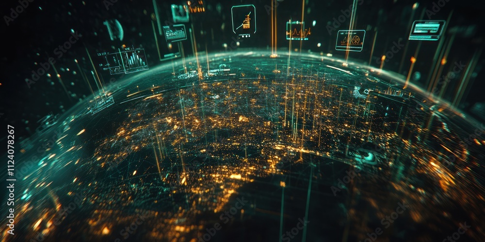 Poster A digital representation of a global network with data points and connections.