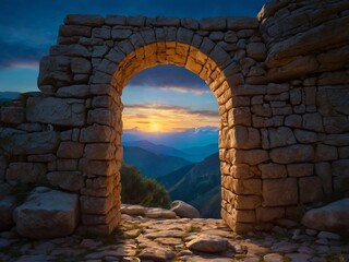 Stone Archway Frames Breathtaking Sunset Mountain View