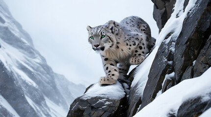 Fototapeta premium A snow leopard climbing a rocky, snowy cliff, blending perfectly into its icy Himalayan environment.