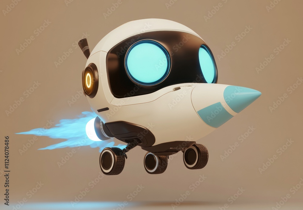 Aufkleber a whimsical flying robot with a sleek design and jet propulsion.