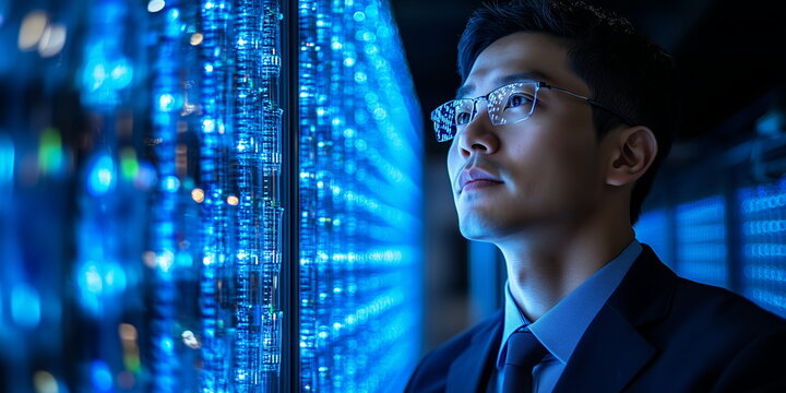 Asian AI development. IT engineer in front of rapidly calculating server wall.