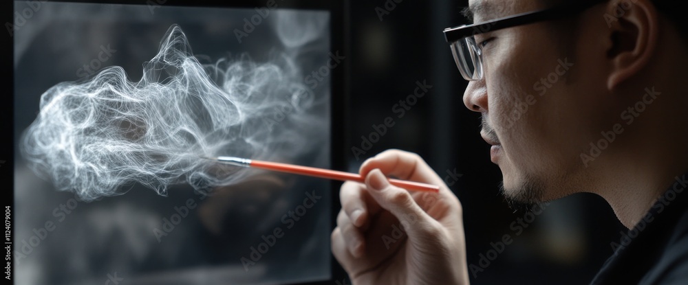 Poster a person creating digital art, using a stylus to manipulate smoke-like visuals on a screen.