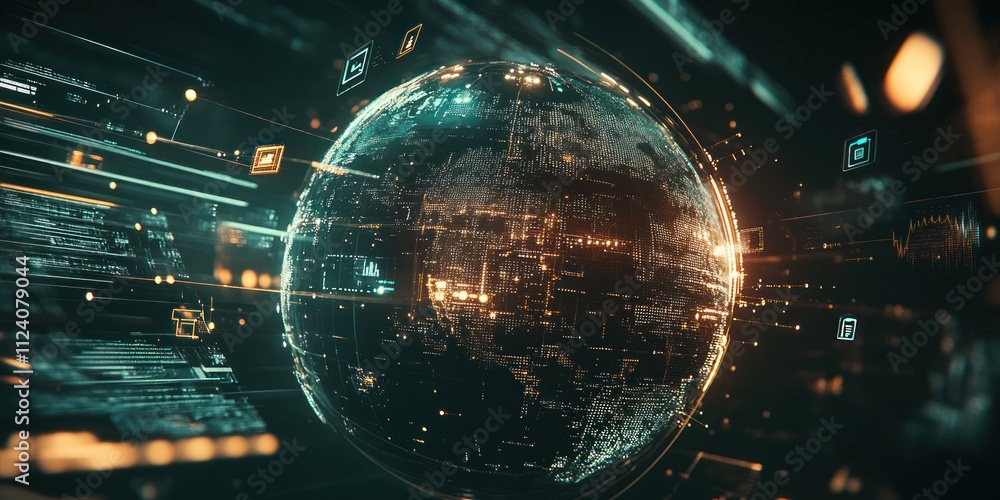 Fototapete A digital representation of a globe surrounded by data streams and technological elements.