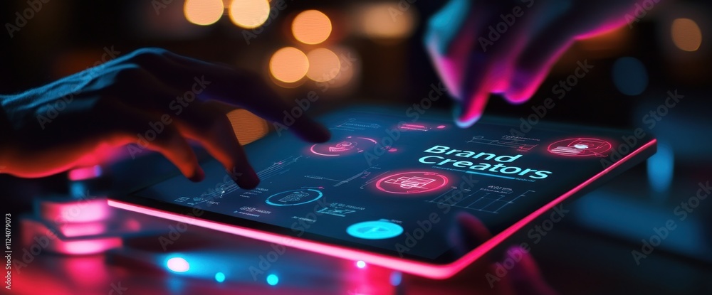 Poster Two hands interacting with a glowing tablet displaying digital data and brand information.