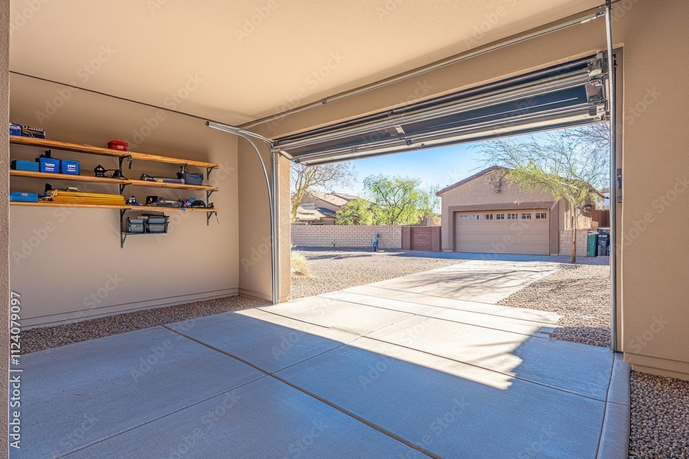 Aufkleber a spacious garage with tools on shelves and a view of a driveway and house outside.